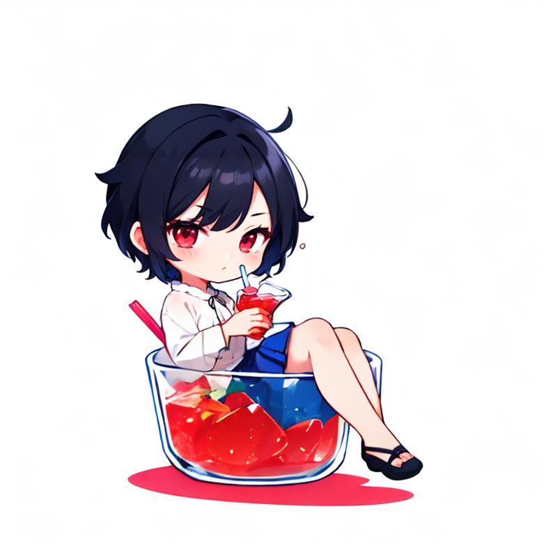 395898-3978277053-chibi,in container, 1girl, solo,short hair,red eyes,blue skirt,black hair,full body, sitting ,(drinking glass_1.2),in drinking g.png